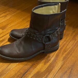 Frye Dark Brown Studded Harness Ankle Boots